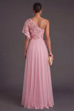 Pink A-Line Floral One Shoulder Embroidered Long Formal Dress