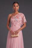 Pink A-Line Floral One Shoulder Embroidered Long Formal Dress