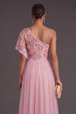 Pink A-Line Floral One Shoulder Embroidered Long Formal Dress