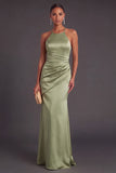 Green Mermaid Spaghetti Straps Ruched Satin Long Formal Dress