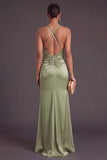 Green Mermaid Spaghetti Straps Ruched Satin Long Formal Dress