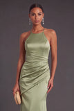 Green Mermaid Spaghetti Straps Ruched Satin Long Formal Dress