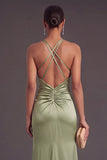 Green Mermaid Spaghetti Straps Ruched Satin Long Formal Dress