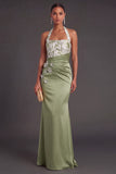 Green Halter Mermaid Ruched Satin Long Formal Dress with 3D Flower