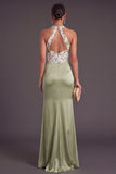 Green Halter Mermaid Ruched Satin Long Formal Dress with 3D Flower
