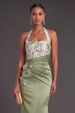 Green Halter Mermaid Ruched Satin Long Formal Dress with 3D Flower