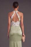 Green Halter Mermaid Ruched Satin Long Formal Dress with 3D Flower