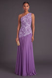 Purple Floral A-Line One Shoulder Chiffon Long Formal Dress