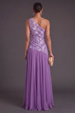 Purple Floral A-Line One Shoulder Chiffon Long Formal Dress