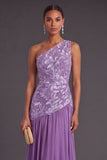 Purple Floral A-Line One Shoulder Chiffon Long Formal Dress