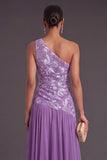 Purple Floral A-Line One Shoulder Chiffon Long Formal Dress