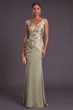 Light Green Mermaid V-Neck Floral Ruched Cap Sleeves Long Formal Dress