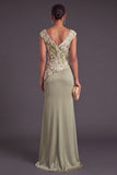 Light Green Mermaid V-Neck Floral Ruched Cap Sleeves Long Formal Dress