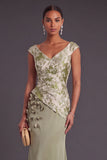 Light Green Mermaid V-Neck Floral Ruched Cap Sleeves Long Formal Dress