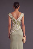 Light Green Mermaid V-Neck Floral Ruched Cap Sleeves Long Formal Dress