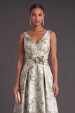 Light Green A-Line Thick Straps Long Ruched Formal Dress with 3D Flower