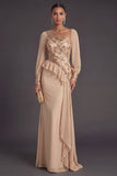 Sparkly Sequins Champagne Mermaid Ruffled Long Formal Dress with Sleeves