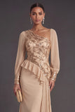 Sparkly Sequins Champagne Mermaid Ruffled Long Formal Dress with Sleeves