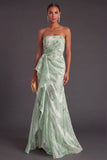 Green Mermaid Strapless Floral Ruched Long Formal Dress with Ruffles