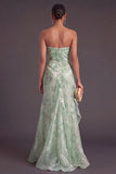 Green Mermaid Strapless Floral Ruched Long Formal Dress with Ruffles