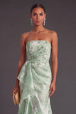 Green Mermaid Strapless Floral Ruched Long Formal Dress with Ruffles