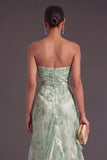 Green Mermaid Strapless Floral Ruched Long Formal Dress with Ruffles