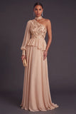 Champagne A-Line One Shoulder Ruffled Long Formal Dress with Sleeves