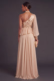 Champagne A-Line One Shoulder Ruffled Long Formal Dress with Sleeves