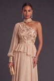 Champagne A-Line One Shoulder Ruffled Long Formal Dress with Sleeves