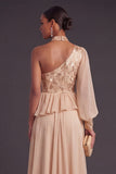 Champagne A-Line One Shoulder Ruffled Long Formal Dress with Sleeves