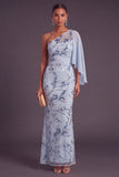 Sparkly Sequins Sky Blue Beaded Mermaid One Shoulder Floral Long Formal Dress