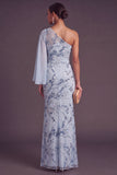 Sparkly Sequins Sky Blue Beaded Mermaid One Shoulder Floral Long Formal Dress