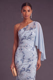 Sparkly Sequins Sky Blue Beaded Mermaid One Shoulder Floral Long Formal Dress