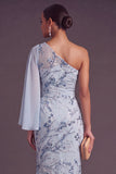Sparkly Sequins Sky Blue Beaded Mermaid One Shoulder Floral Long Formal Dress