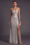 Sparkly Sequins Silver Mermaid Thick Straps Long Formal Dress with Slit