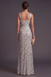 Sparkly Sequins Silver Mermaid Thick Straps Long Formal Dress with Slit