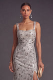 Sparkly Sequins Silver Mermaid Thick Straps Long Formal Dress with Slit