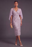 Sparkly Beaded Lilac Sheath Floral Halter Midi Wedding Guest Dress with Cape