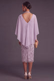 Sparkly Beaded Lilac Sheath Floral Halter Midi Wedding Guest Dress with Cape
