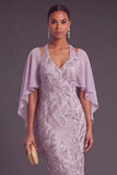 Sparkly Beaded Lilac Sheath Floral Halter Midi Wedding Guest Dress with Cape