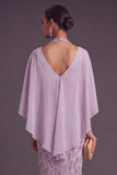Sparkly Beaded Lilac Sheath Floral Halter Midi Wedding Guest Dress with Cape
