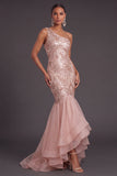 Sparkly Pink Sequins Ruffled One Shoulder Floral Mermaid Long Formal Dress