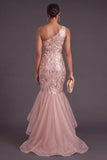 Sparkly Pink Sequins Ruffled One Shoulder Floral Mermaid Long Formal Dress