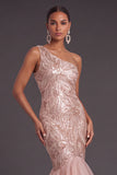 Sparkly Pink Sequins Ruffled One Shoulder Floral Mermaid Long Formal Dress