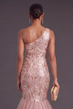 Sparkly Pink Sequins Ruffled One Shoulder Floral Mermaid Long Formal Dress