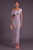 Sparkly Beaded Lilac Sheath One Shoulder Long Formal Dress with Slit