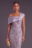 Sparkly Beaded Lilac Sheath One Shoulder Long Formal Dress with Slit