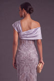 Sparkly Beaded Lilac Sheath One Shoulder Long Formal Dress with Slit