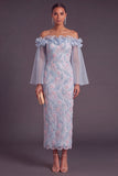 Saprkly Beaded Dusty Blue Floral Sheath Ruffled Long Wedding Guest Dress