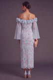 Saprkly Beaded Dusty Blue Floral Sheath Ruffled Long Wedding Guest Dress